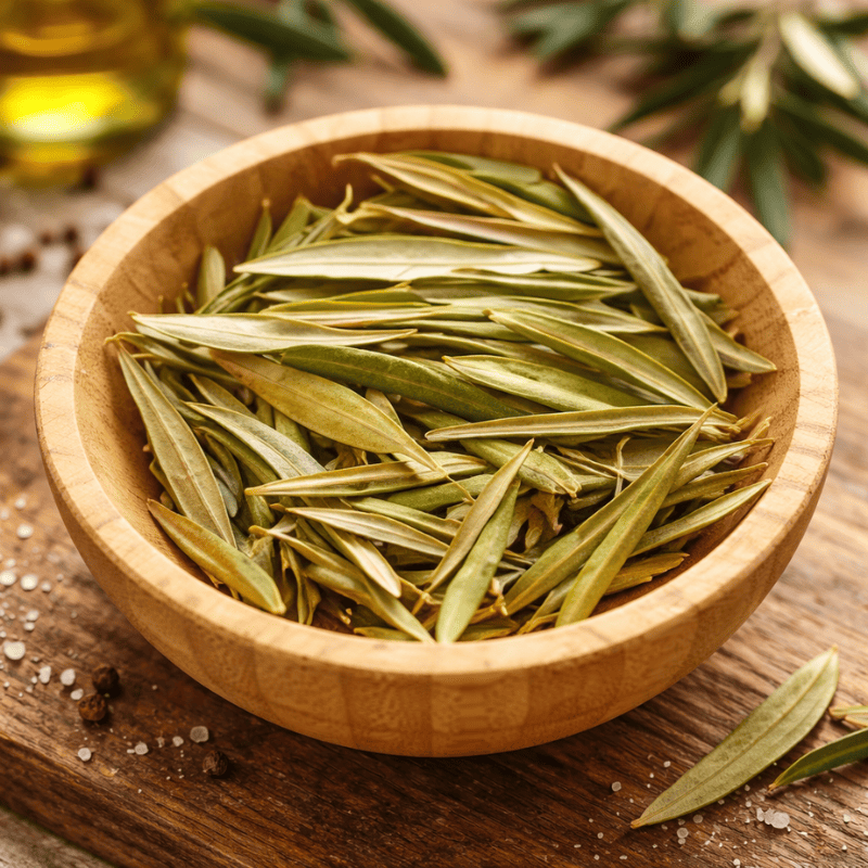 Bol de feuilles d'olivier séchées