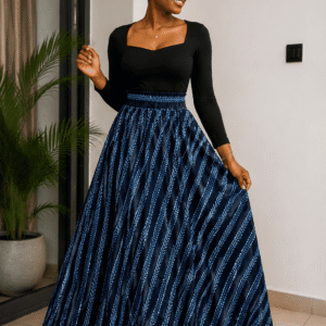 Jupe maxi taille haute évasée en wax