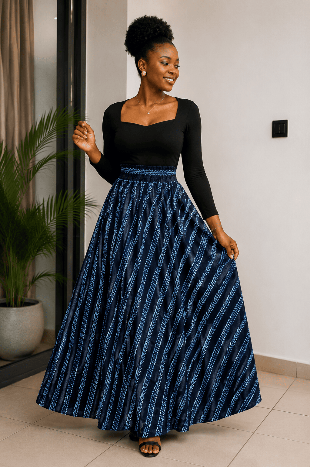Jupe maxi taille haute évasée en wax