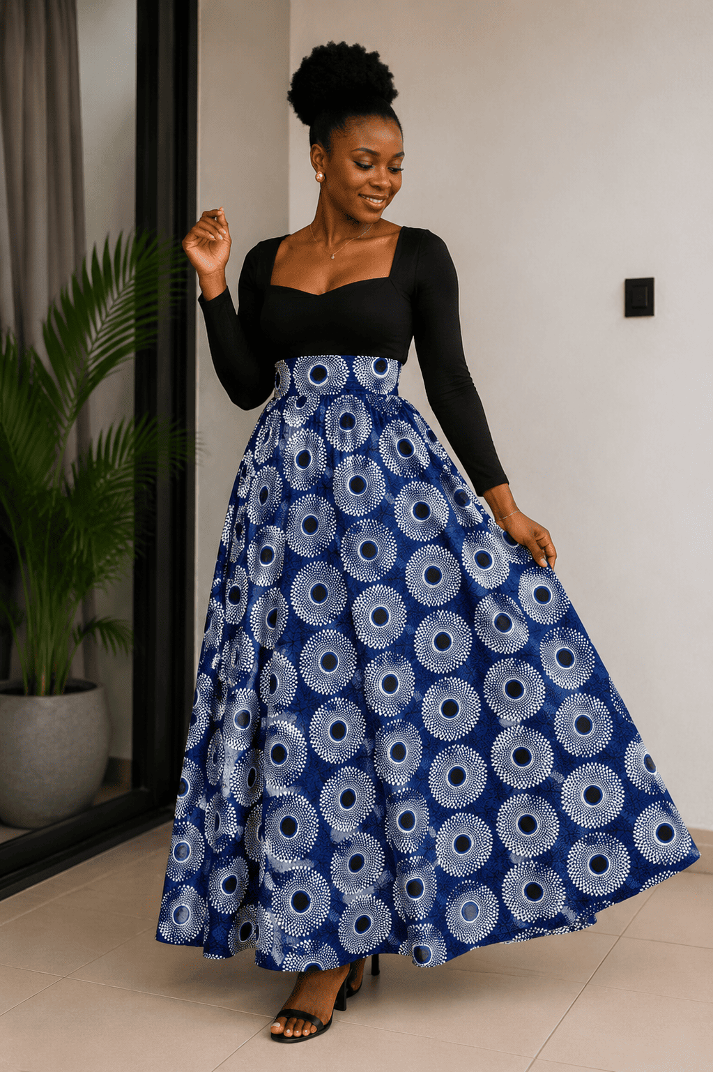 Jupe maxi taille haute évasée en wax – Image 3