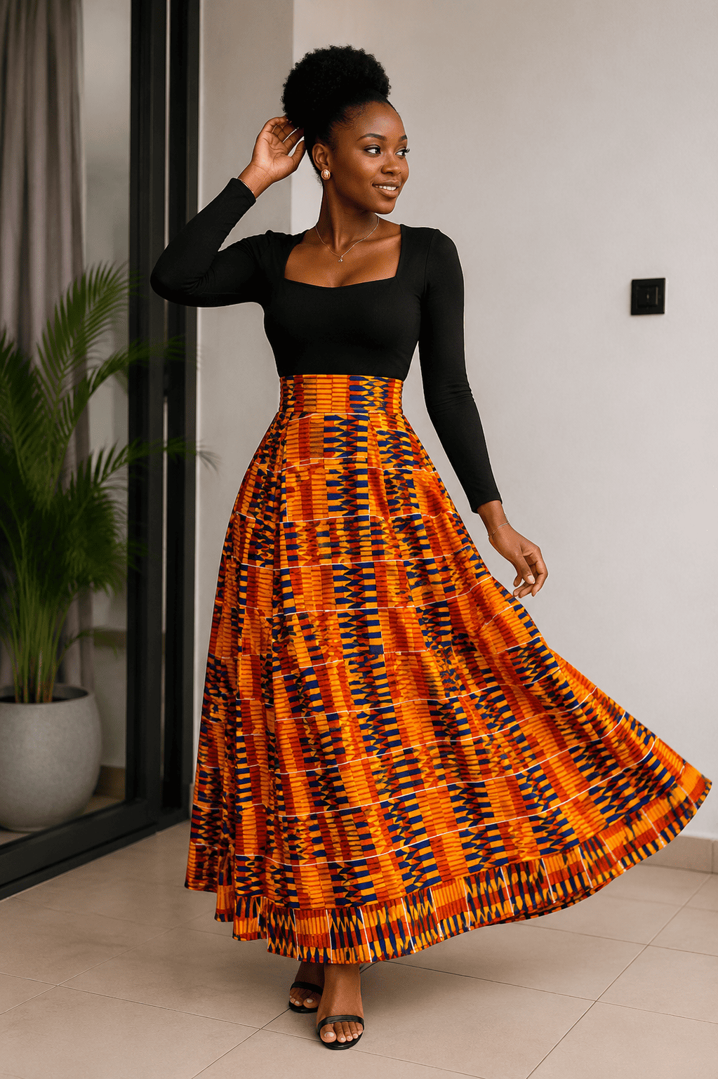 Jupe maxi taille haute évasée en wax – Image 4
