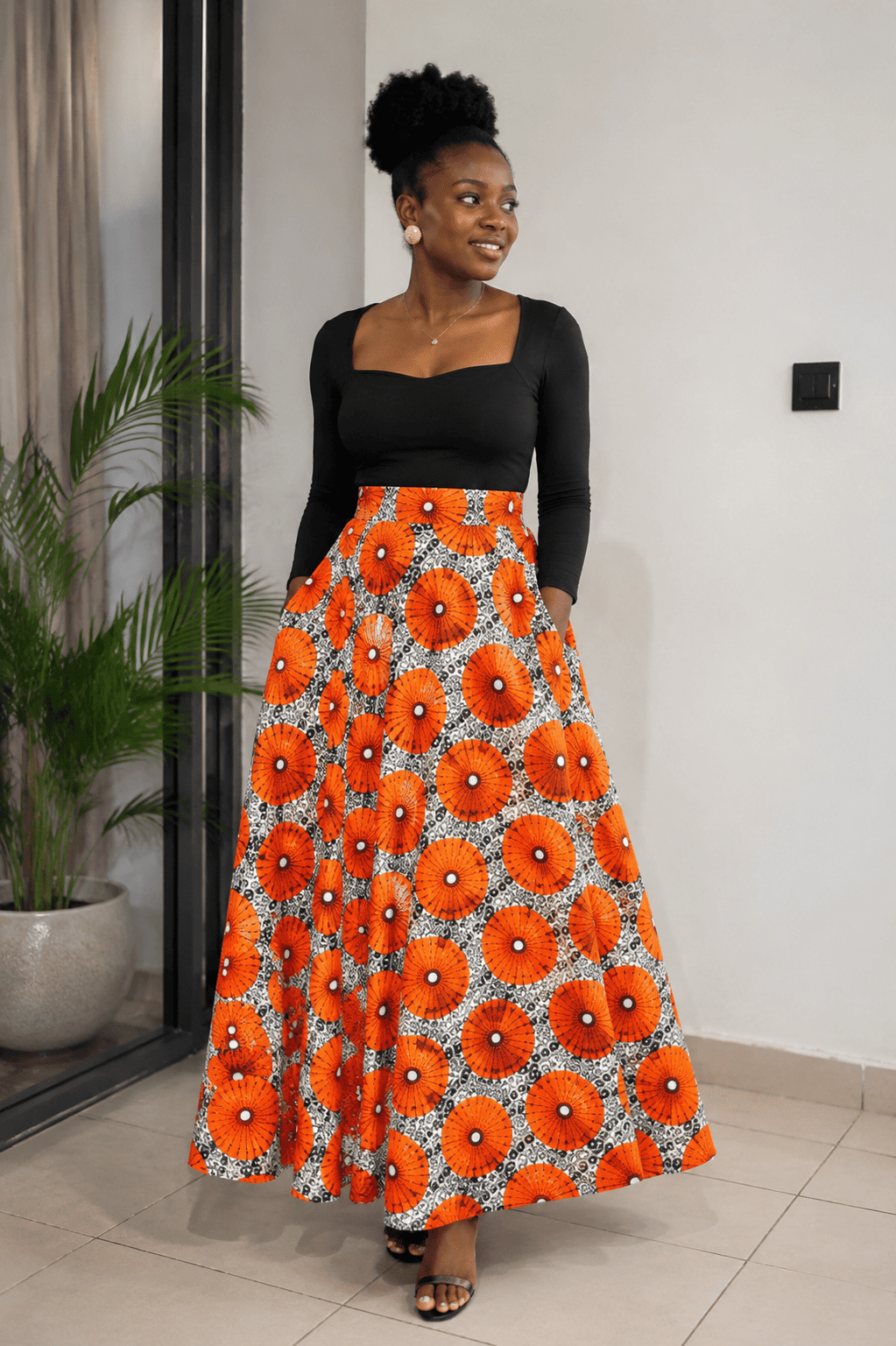 Jupe maxi taille haute évasée en wax – Image 2