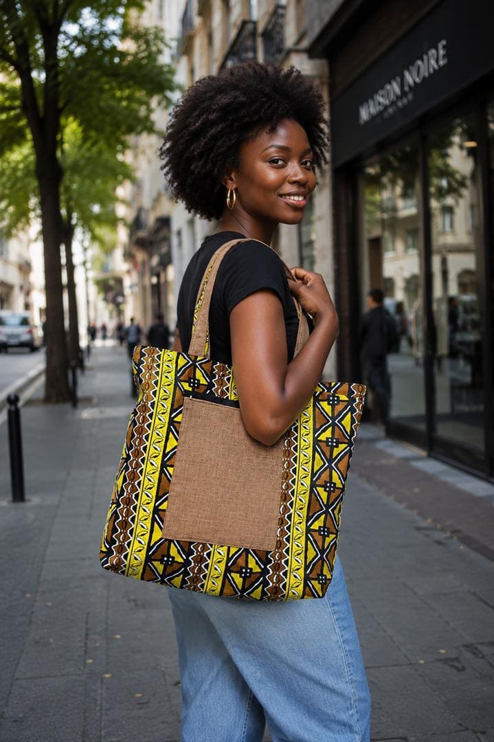 Sac cabas fourre-tout bimatière wax et raphia – Image 2