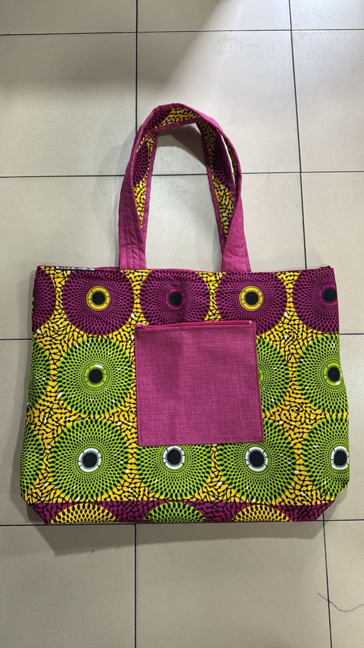 Sac cabas fourre-tout bimatière wax et raphia – Image 4