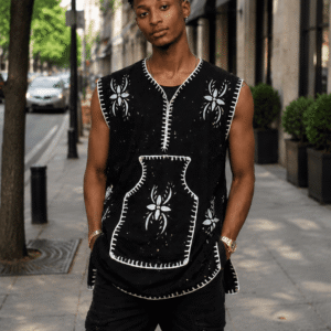 Tunique africaine homme gilet style bogolan - coton noir épais, broderies blanches