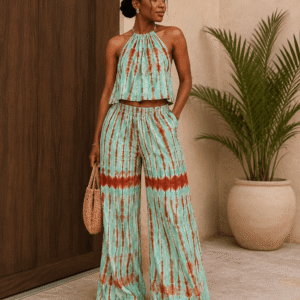 Co-ord Set Pantalon Large et Haut Halter - motif abstrait, tissu kokodunda coton léger