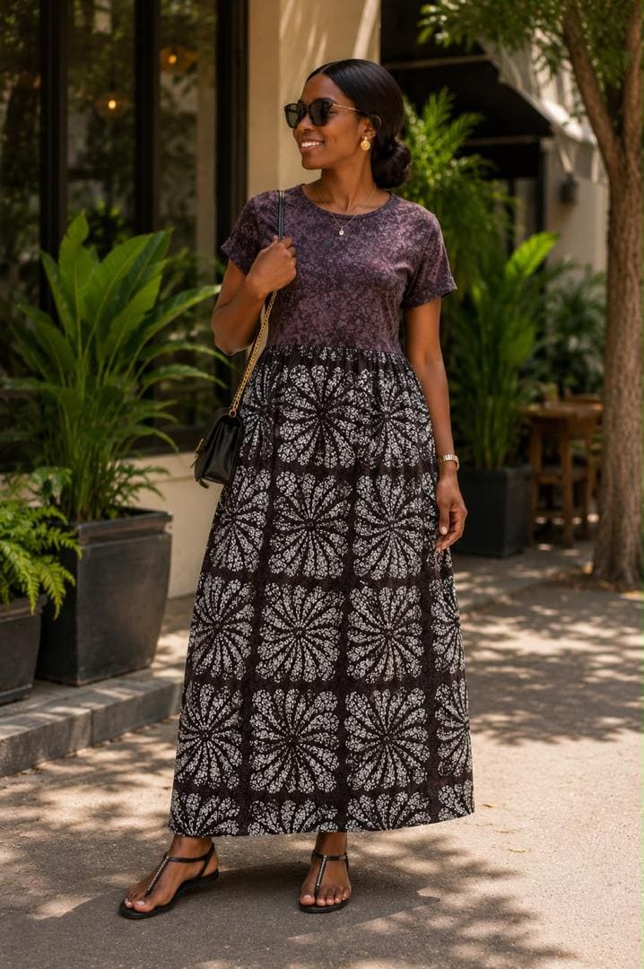 Robe longue haut et jupe ample motif batik