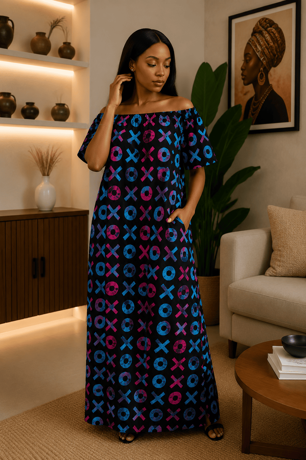 Robe longue wax épaules dénudées – Image 2