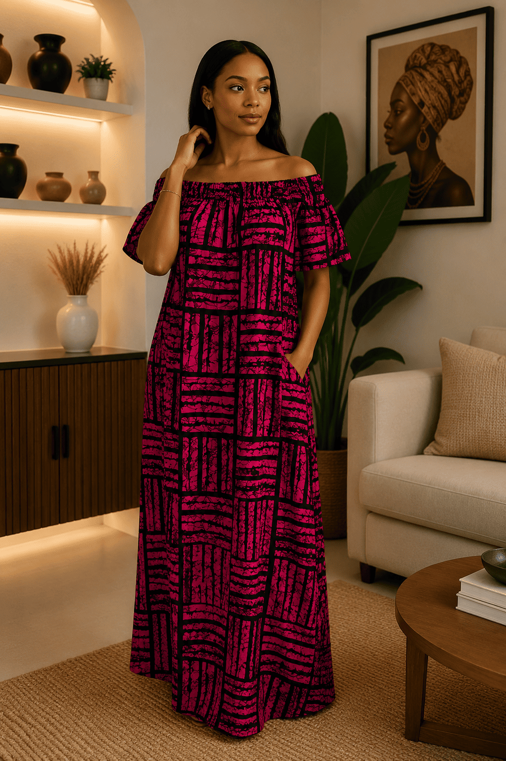 Robe longue wax épaules dénudées