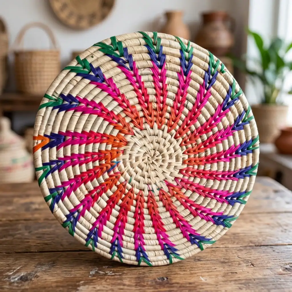 Dessous d'Assiette Artisanal - Set de Table Rond en Raphia Tressé